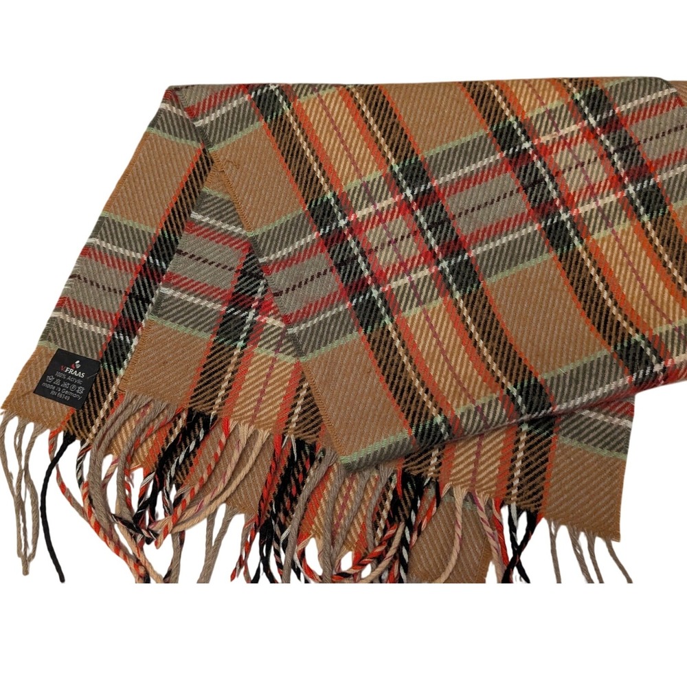 V. Fraas Plaid Scarf Beige‎ Red Gray Acrylic Soft Made in Germany